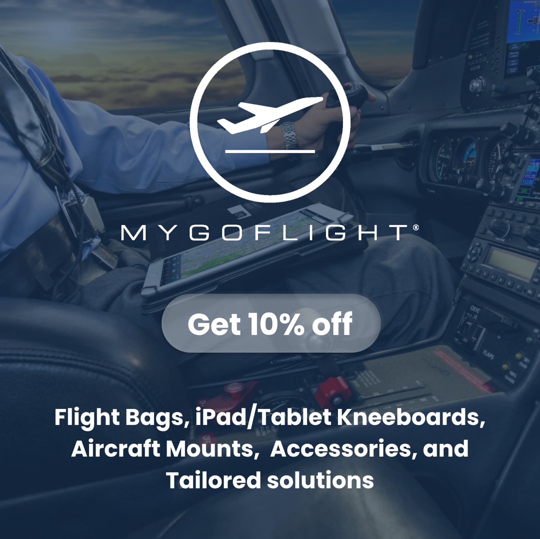 MyGoFlight — flight bags, iPad and tablet kneeboards, aircraft mounts and accessories. Get 10% off
